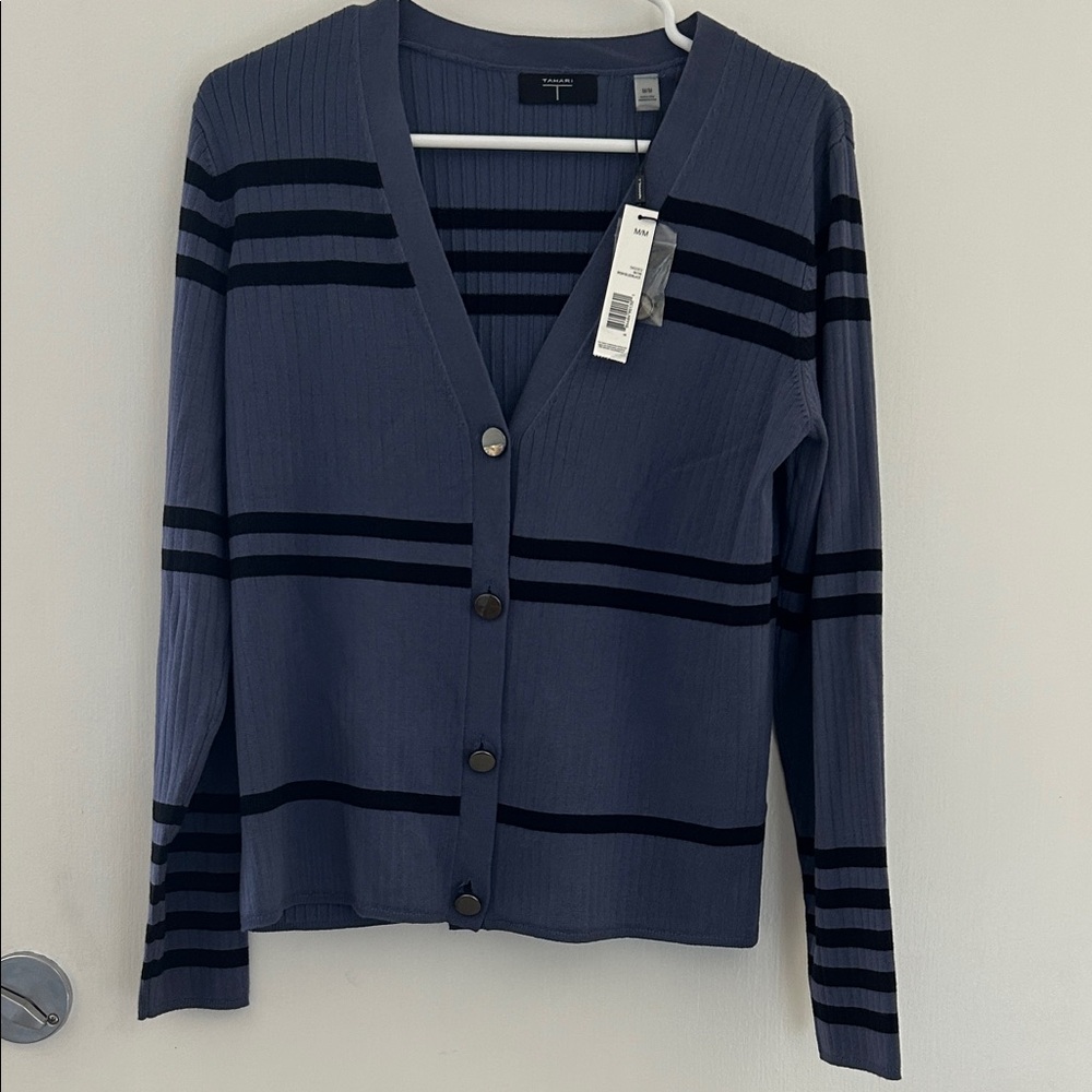 Tahari Blue and Black Button-Up Cardigan